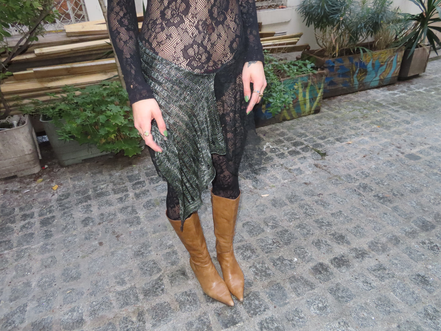 Asymmetrical Knit and Lace Skirt