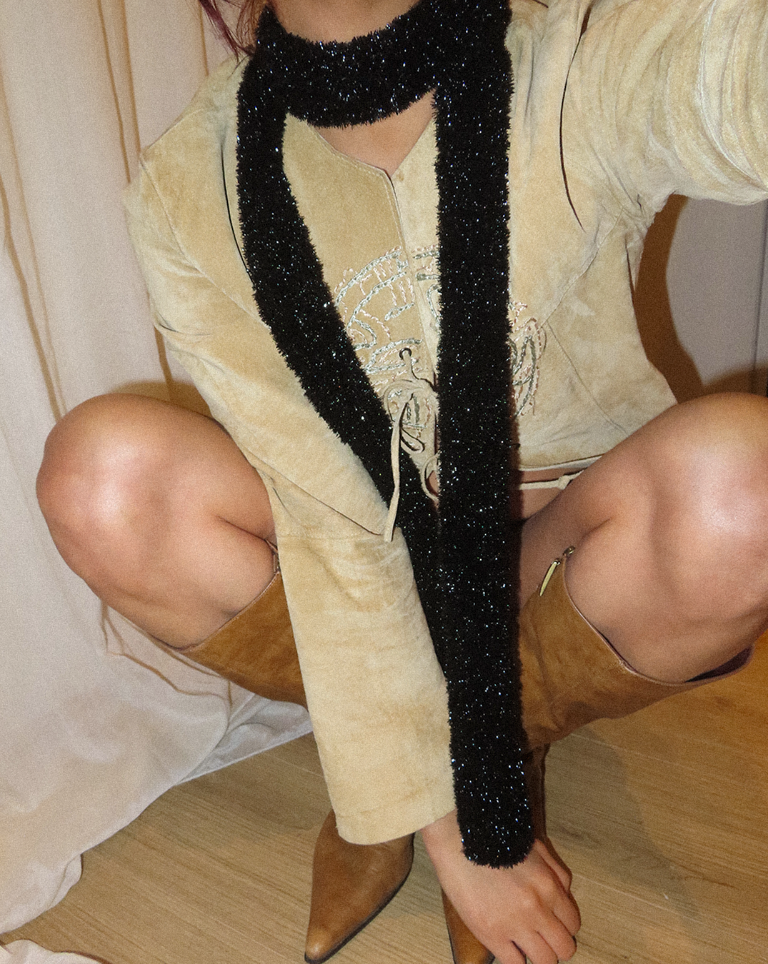 Shiny Black Skinny Scarf