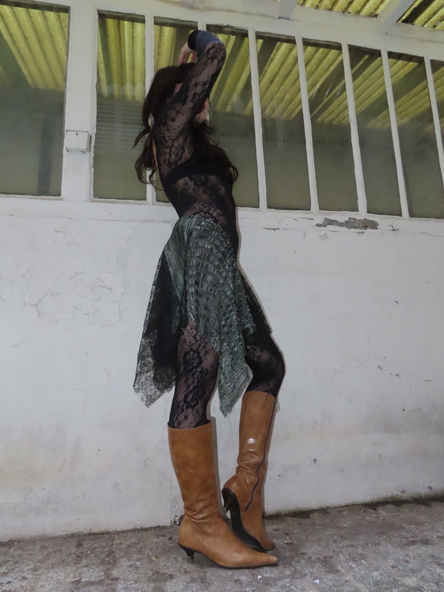 Asymmetrical Knit and Lace Skirt